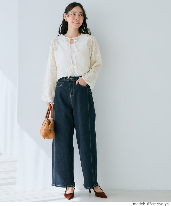 Japanese style transparent lace long-sleeved bow blouse