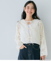 Japanese style transparent lace long-sleeved bow blouse