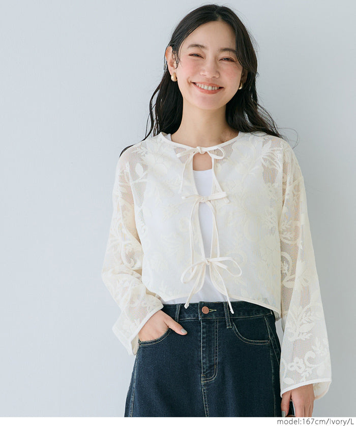 Japanese style transparent lace long-sleeved bow blouse
