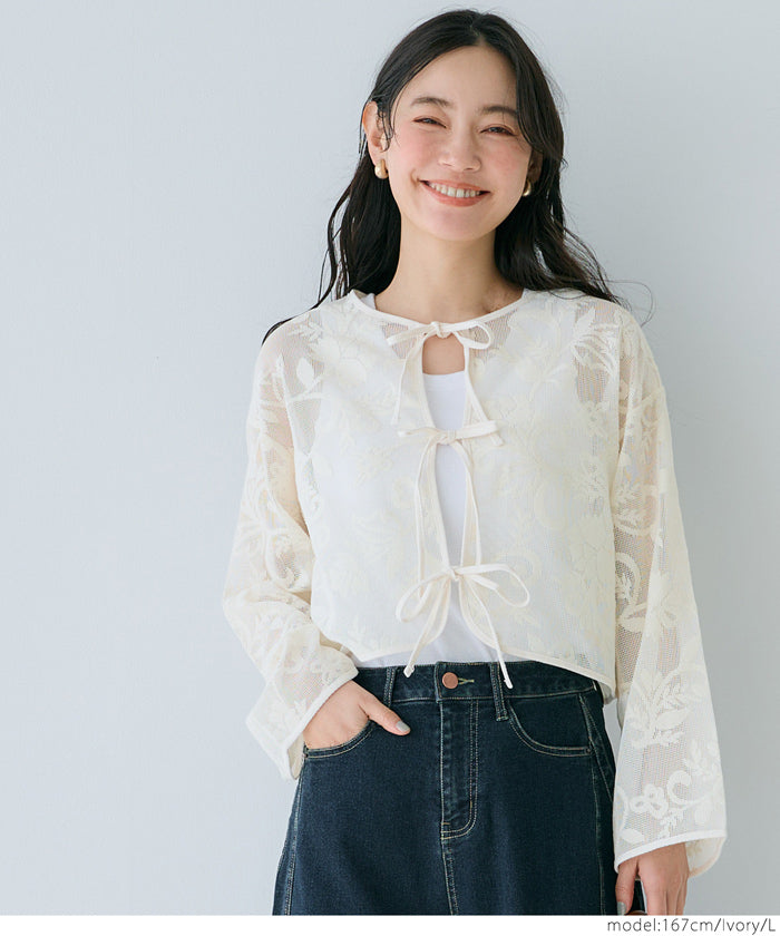 Japanese style transparent lace long-sleeved bow blouse