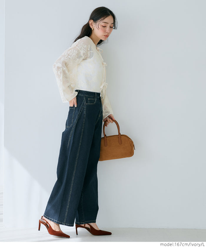 Japanese style transparent lace long-sleeved bow blouse