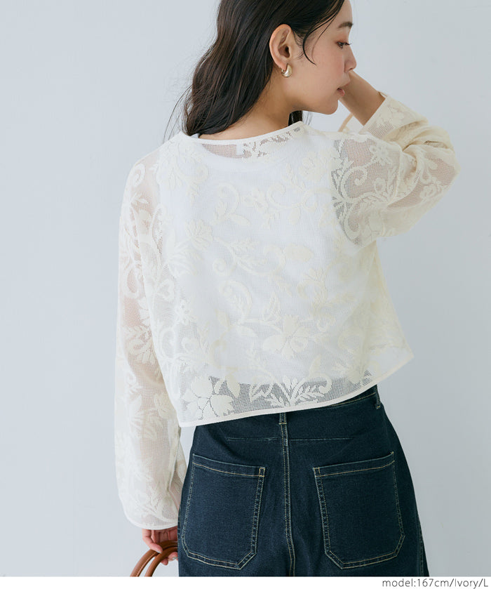 Japanese style transparent lace long-sleeved bow blouse