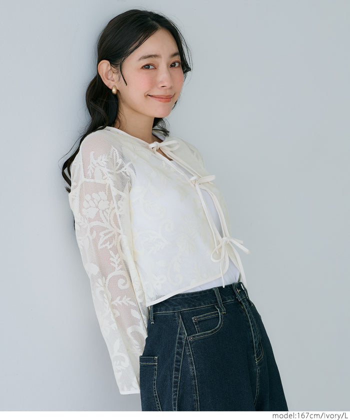 Japanese style transparent lace long-sleeved bow blouse