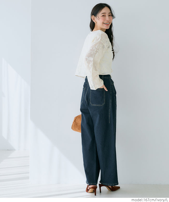 Japanese style transparent lace long-sleeved bow blouse