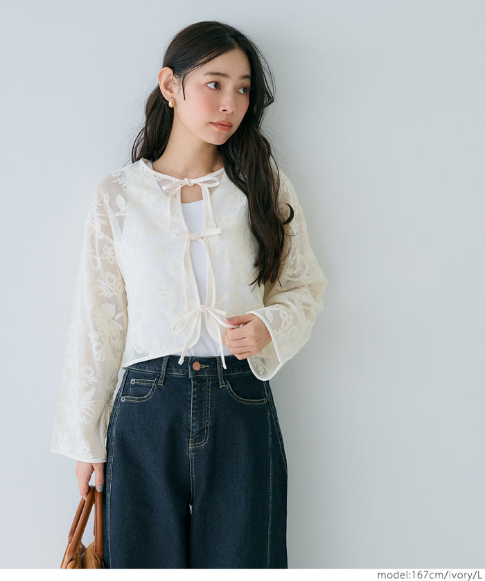 Japanese style transparent lace long-sleeved bow blouse