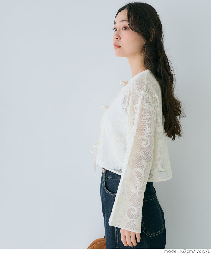 Japanese style transparent lace long-sleeved bow blouse