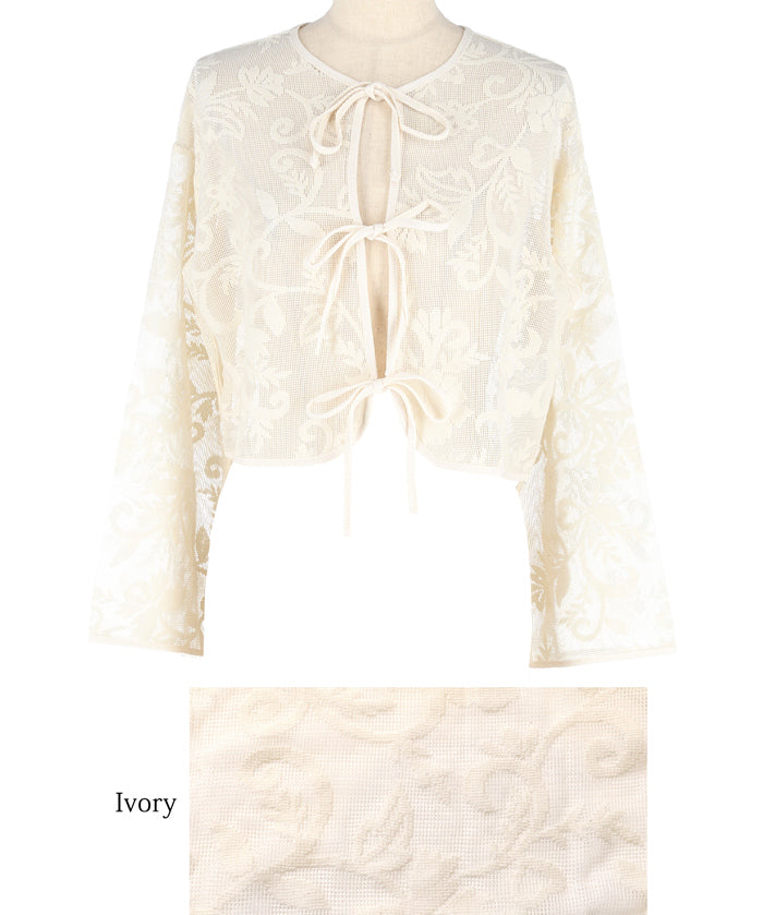Japanese style transparent lace long-sleeved bow blouse