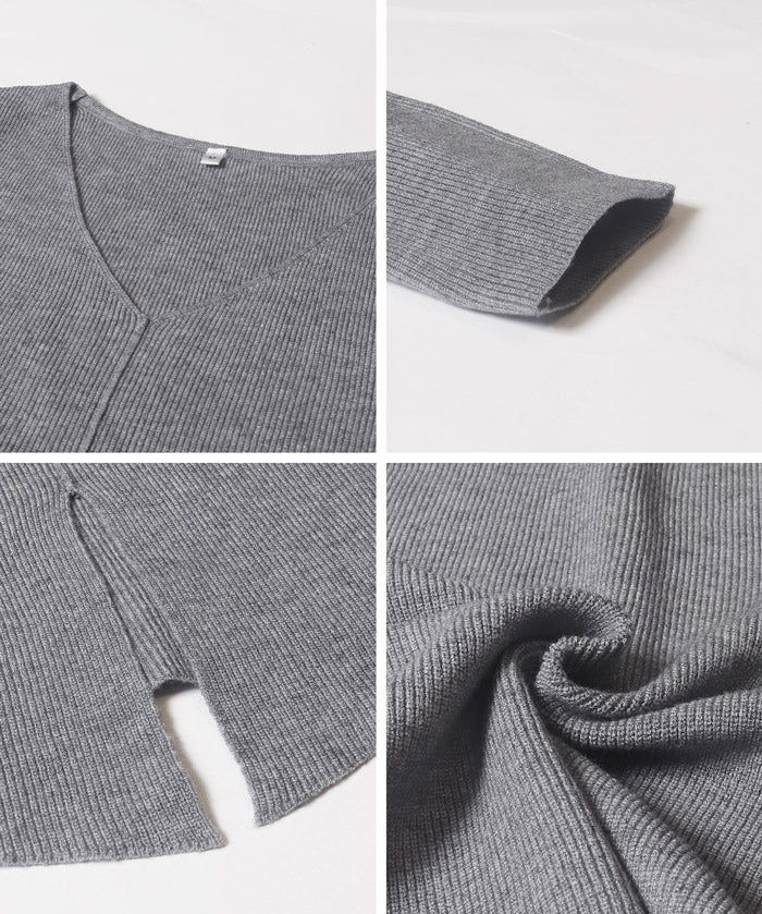 Slit V-neck long-sleeved knitted top