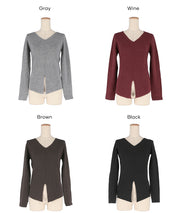 Slit V-neck long-sleeved knitted top