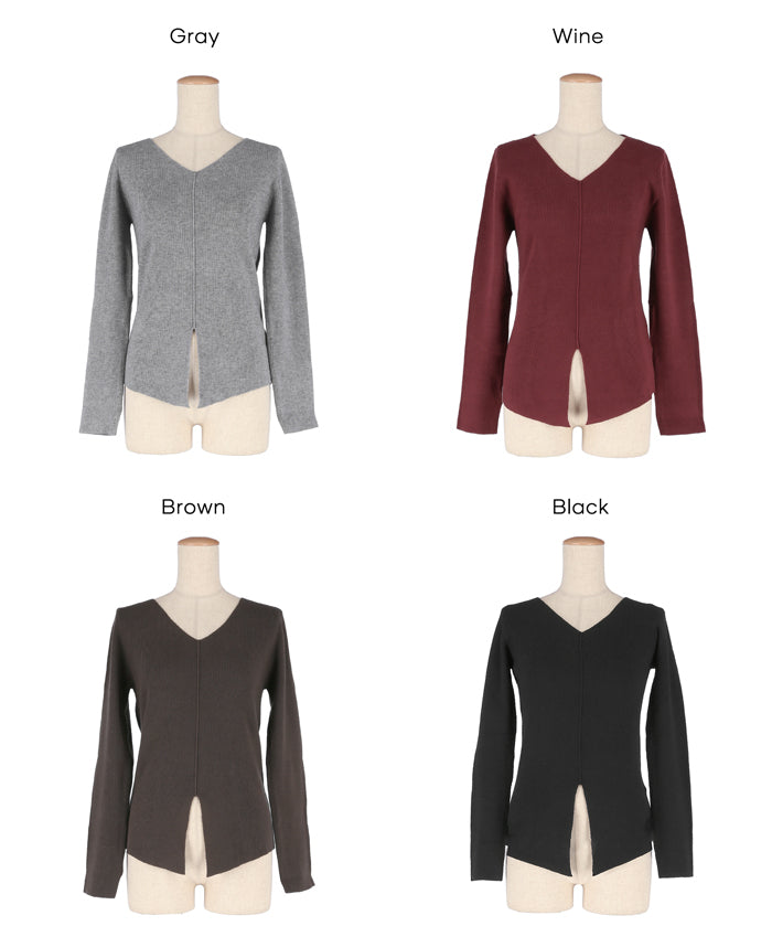 Slit V-neck long-sleeved knitted top