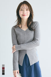 Slit V-neck long-sleeved knitted top