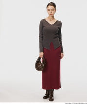 Slit V-neck long-sleeved knitted top