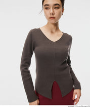 Slit V-neck long-sleeved knitted top