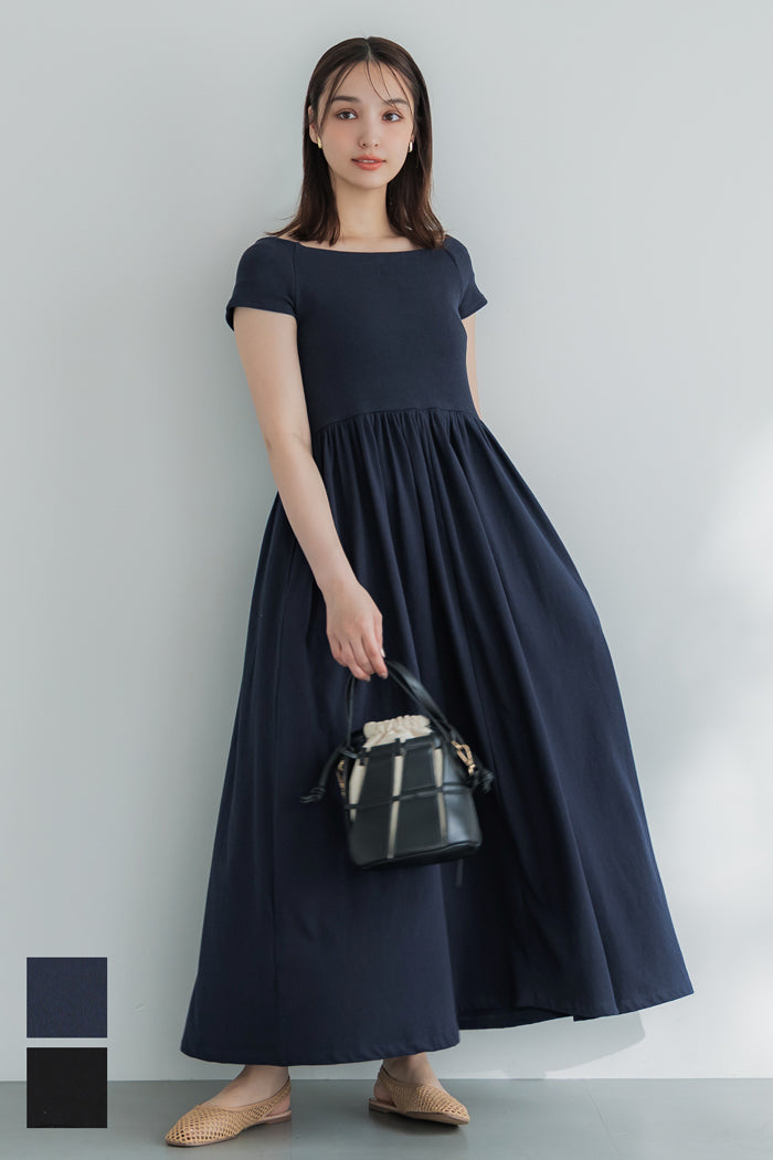 Temperament slim boat neck splicing A-line dress