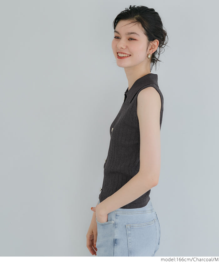 Temperament gold button POLO collar sleeveless vest knitted commuting