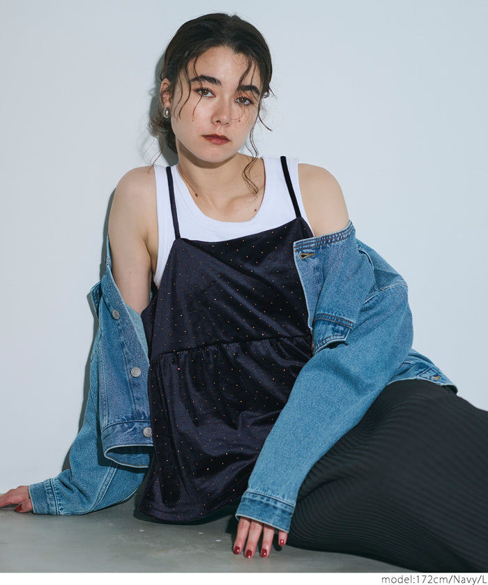 細閃碎鑽絨布細肩帶娃娃背心