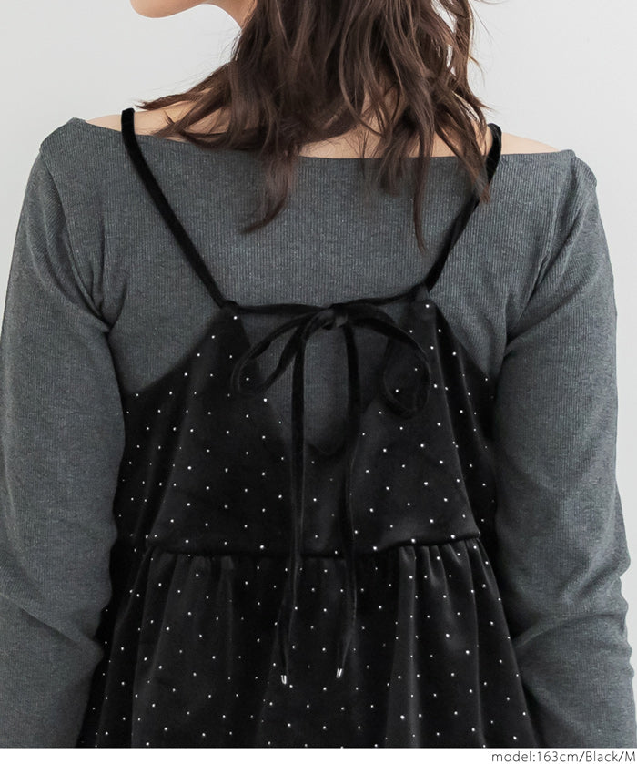 細閃碎鑽絨布細肩帶娃娃背心