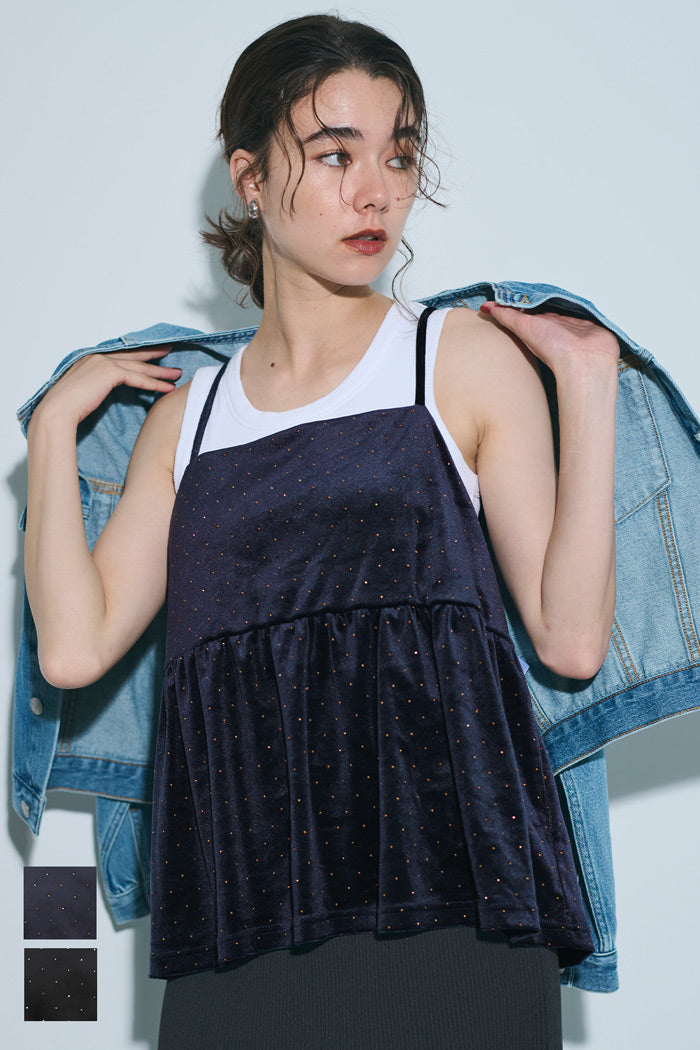 細閃碎鑽絨布細肩帶娃娃背心