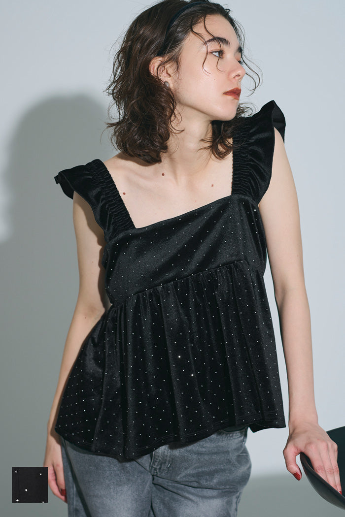 細閃碎鑽絨布荷葉邊娃娃背心