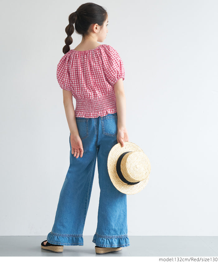 Children's Japanese plaid puff sleeve bow tie top