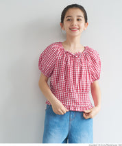 Children's Japanese plaid puff sleeve bow tie top