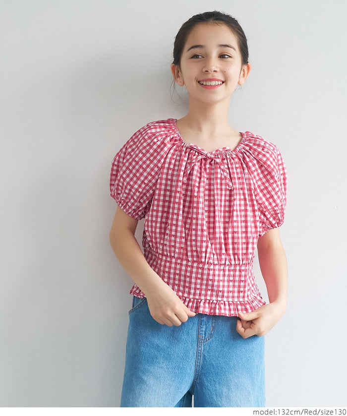 Children's Japanese plaid puff sleeve bow tie top
