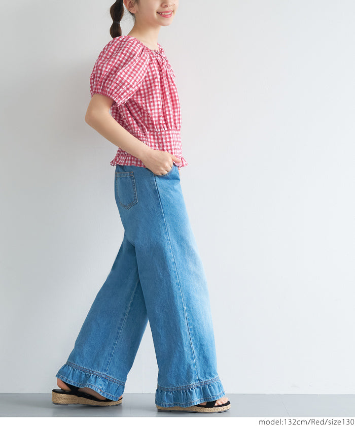 Children's Japanese plaid puff sleeve bow tie top