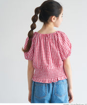 Children's Japanese plaid puff sleeve bow tie top