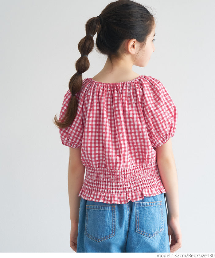 Children's Japanese plaid puff sleeve bow tie top