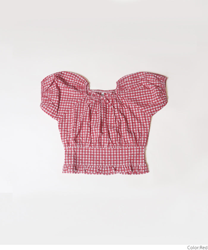 Children's Japanese plaid puff sleeve bow tie top