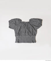 Children's Japanese plaid puff sleeve bow tie top