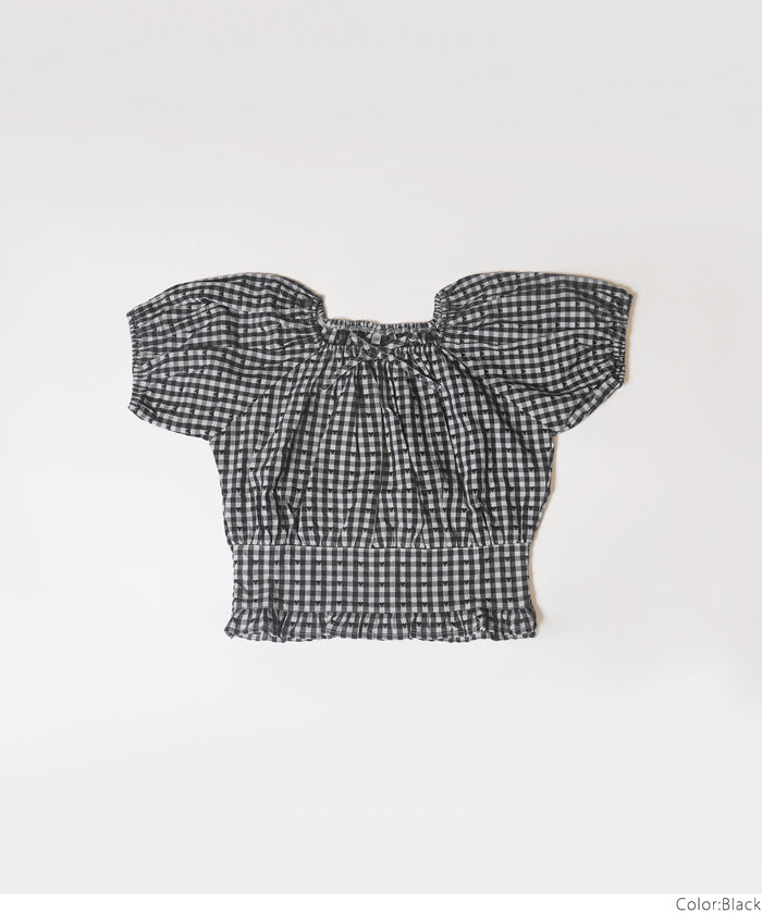 Children's Japanese plaid puff sleeve bow tie top