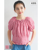 Children's Japanese plaid puff sleeve bow tie top