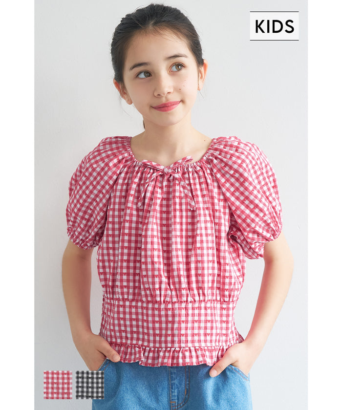 Children's Japanese plaid puff sleeve bow tie top
