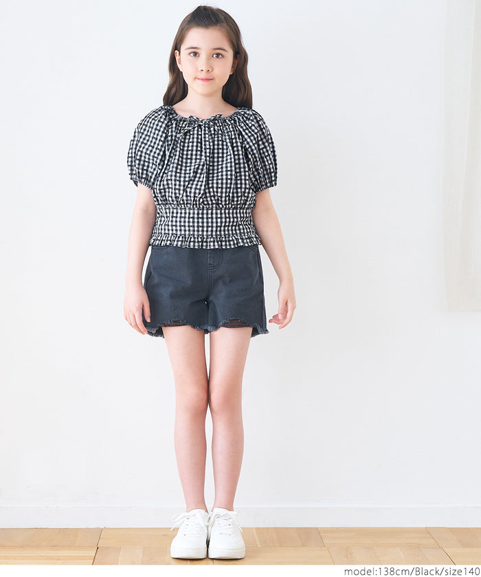 Children's Japanese plaid puff sleeve bow tie top