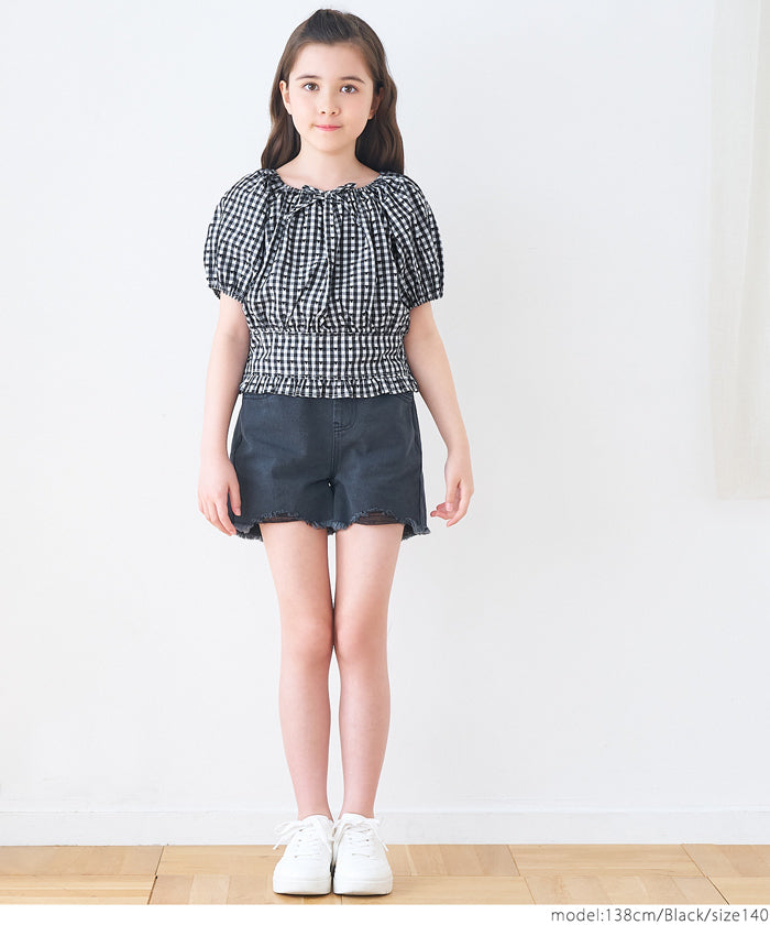 Children's Japanese plaid puff sleeve bow tie top