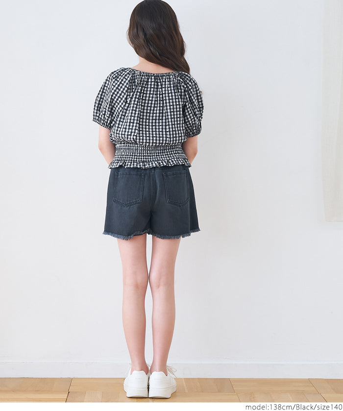 Children's Japanese plaid puff sleeve bow tie top