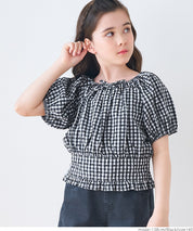 Children's Japanese plaid puff sleeve bow tie top