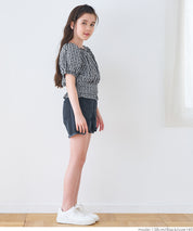 Children's Japanese plaid puff sleeve bow tie top