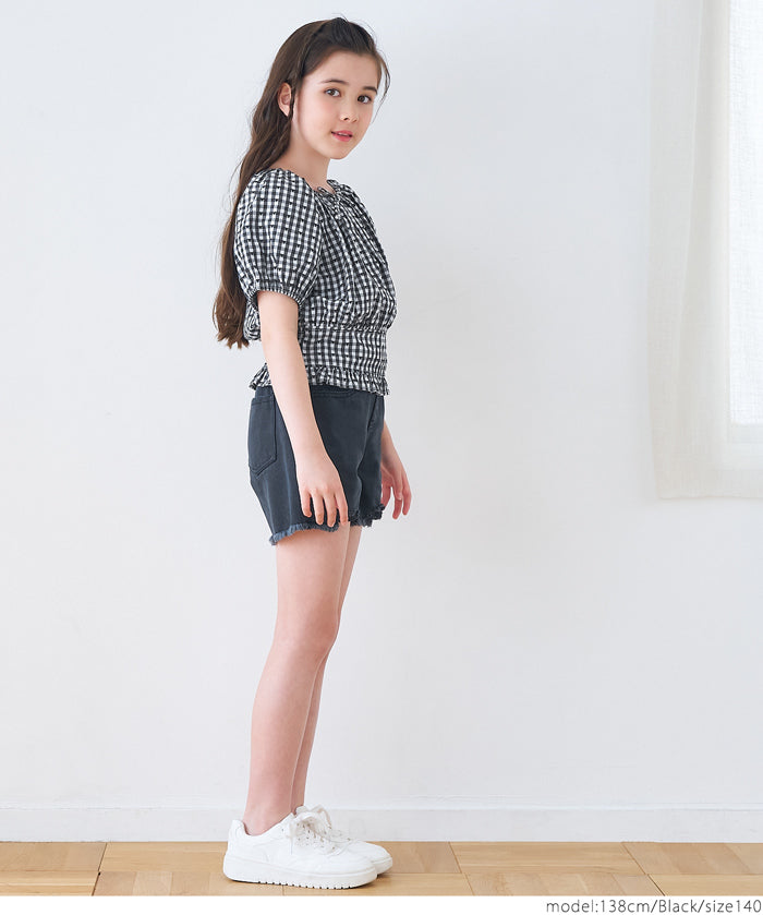 Children's Japanese plaid puff sleeve bow tie top