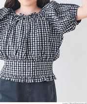 Children's Japanese plaid puff sleeve bow tie top