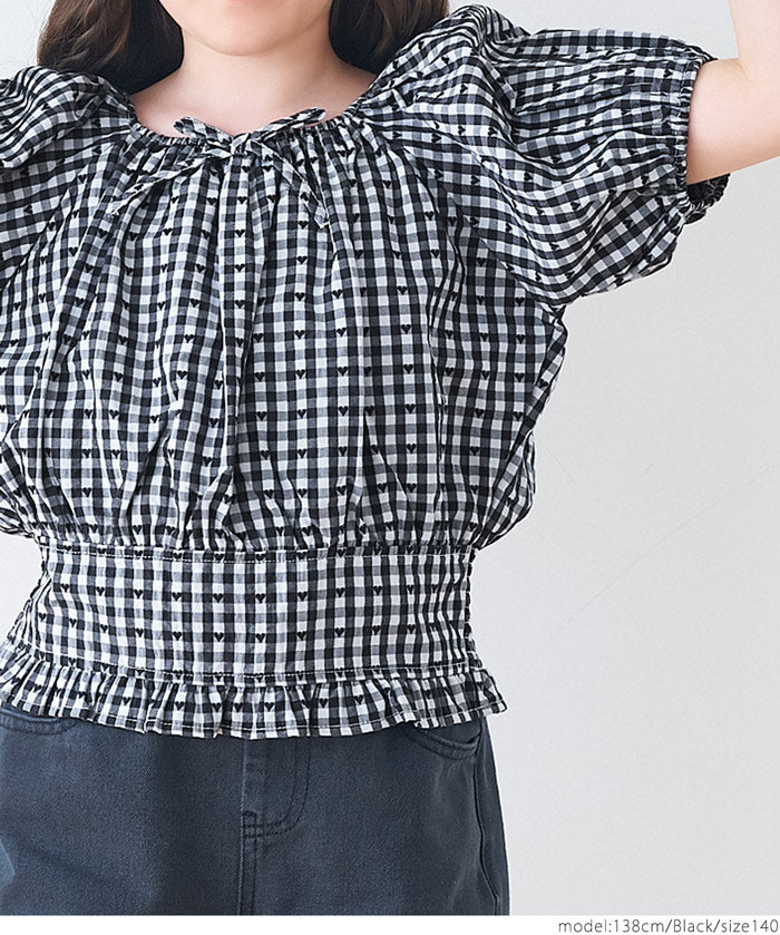 Children's Japanese plaid puff sleeve bow tie top