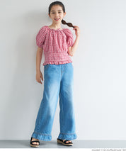 Children's Japanese plaid puff sleeve bow tie top