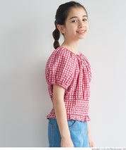 Children's Japanese plaid puff sleeve bow tie top