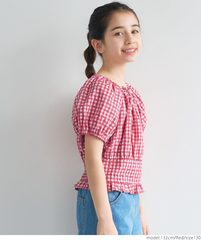 Children's Japanese plaid puff sleeve bow tie top
