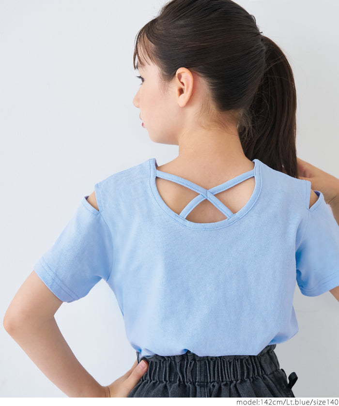 Children's off-the-shoulder short-sleeved top with cross-back design