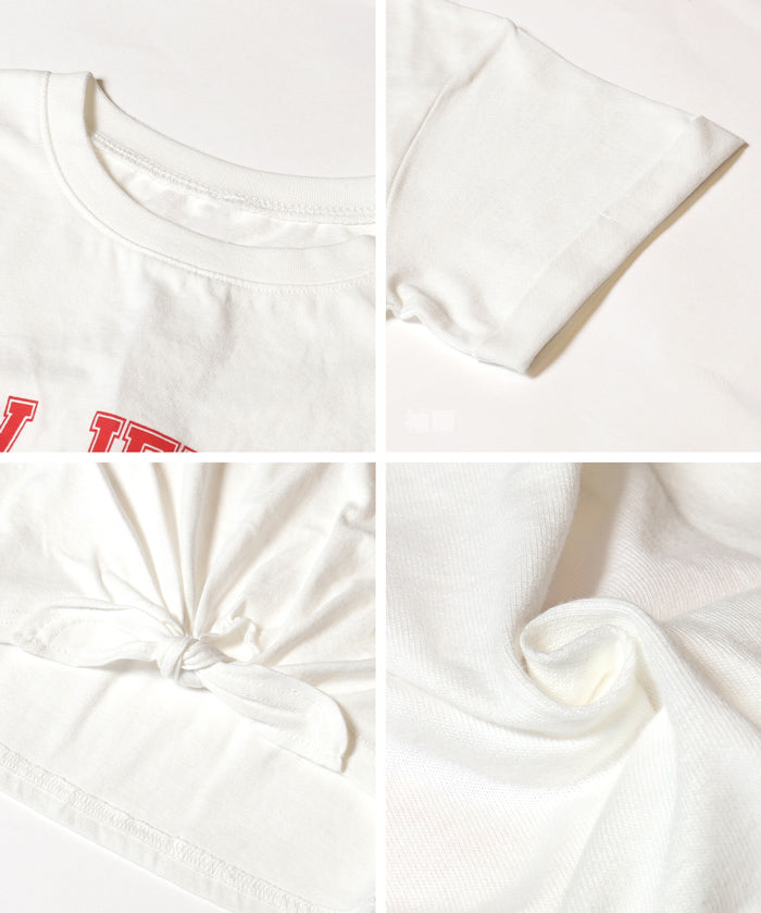 Children's short-sleeved t-shirt with a knotted hem and a logo