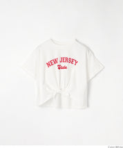 Children's short-sleeved t-shirt with a knotted hem and a logo