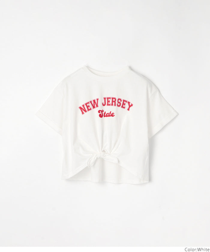 Children's short-sleeved t-shirt with a knotted hem and a logo