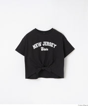 Children's short-sleeved t-shirt with a knotted hem and a logo